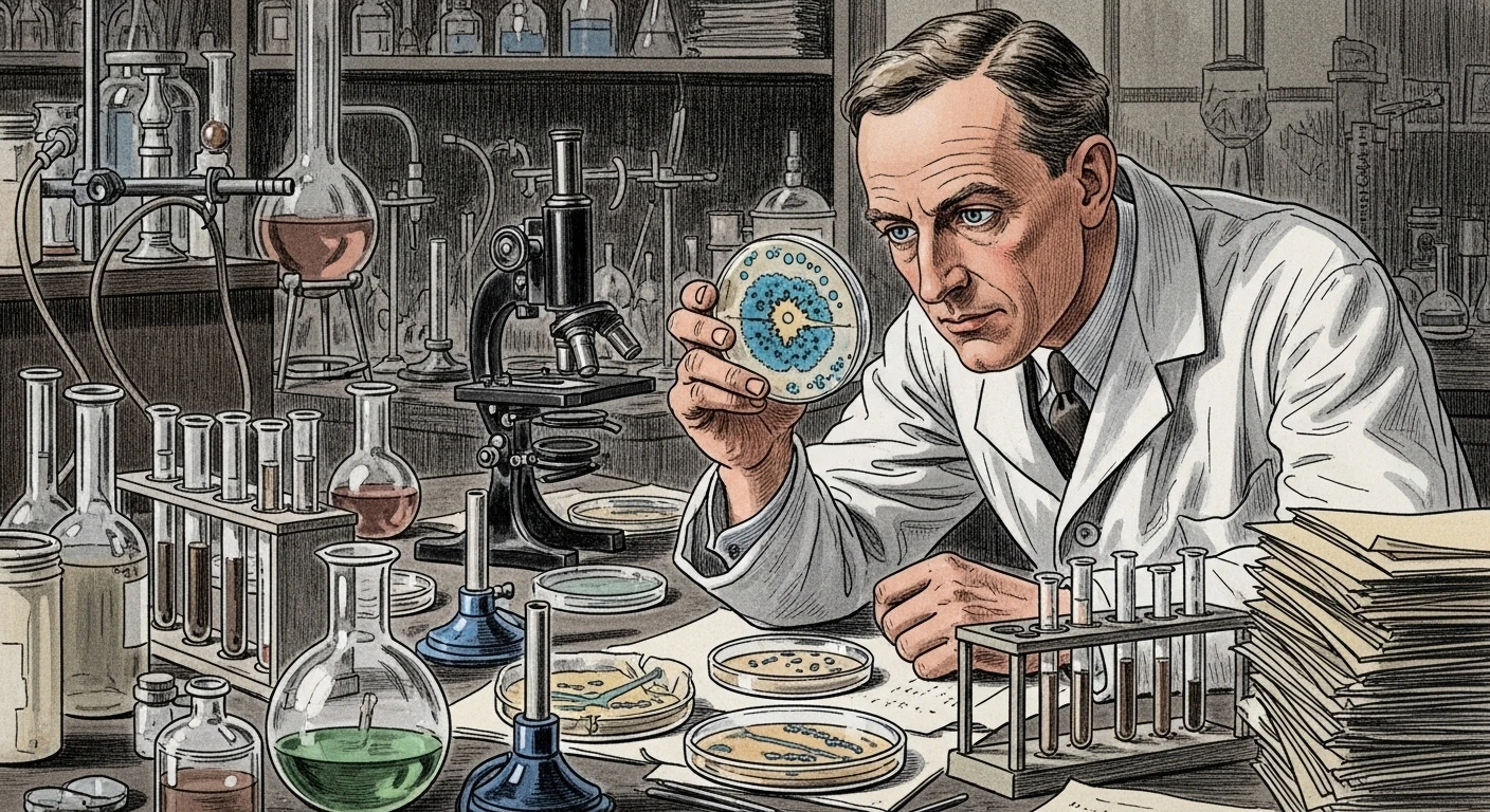 Fleming discovering penicillin in laboratory