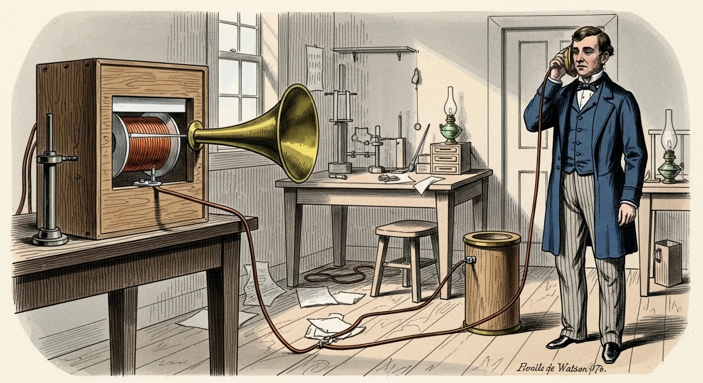 Alexander Graham Bell speaking into his first wooden telephone while his assistant listens in another room