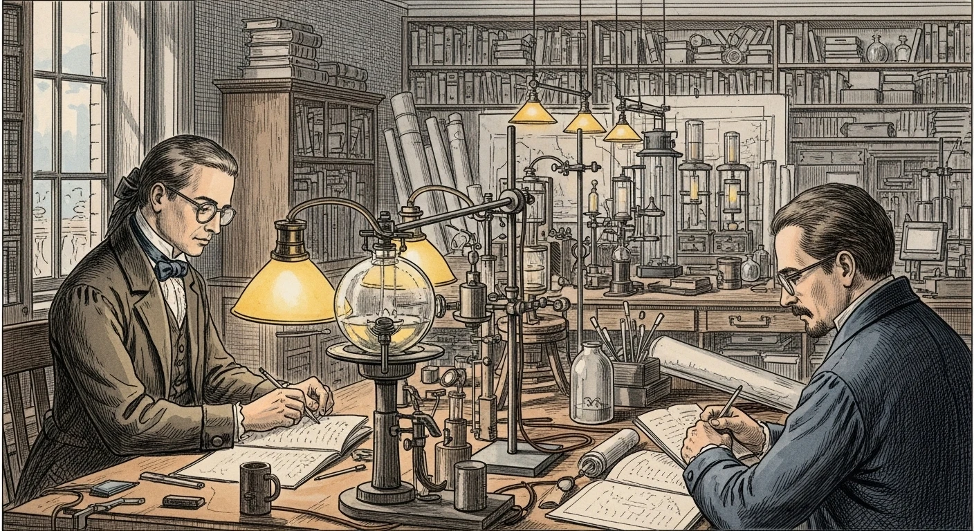Thomas Edison in his laboratory workshop surrounded by glowing light bulbs and electrical equipment
