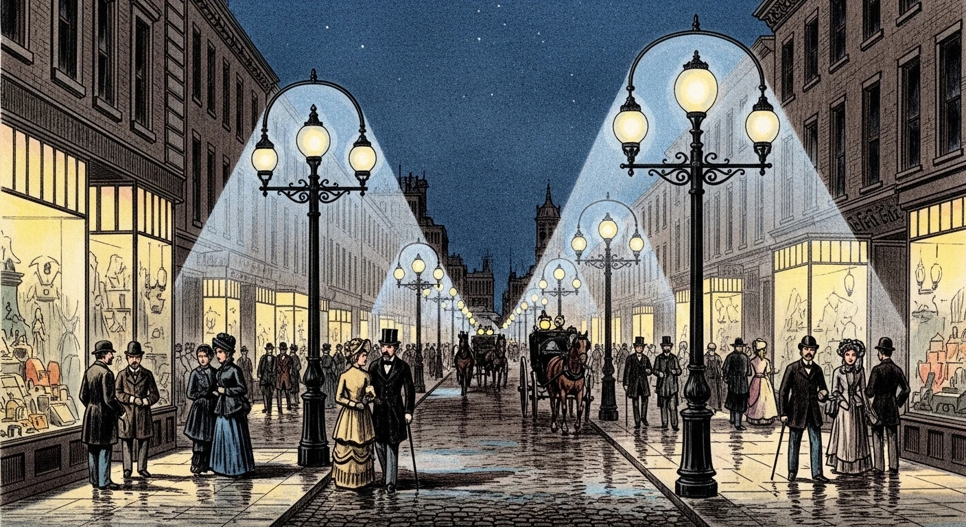First electric street lights illuminating city