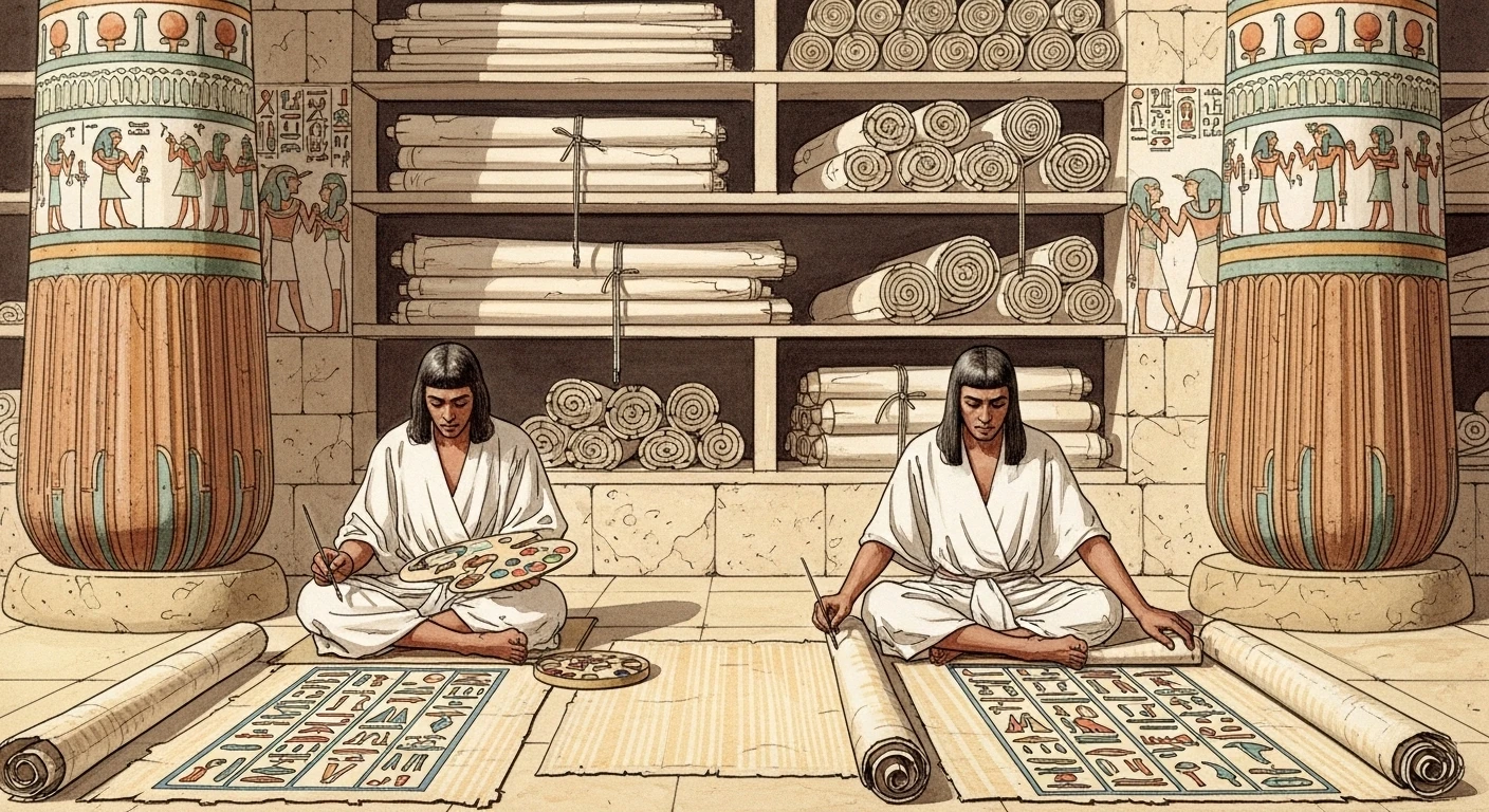 Egyptian scribes making papyrus books