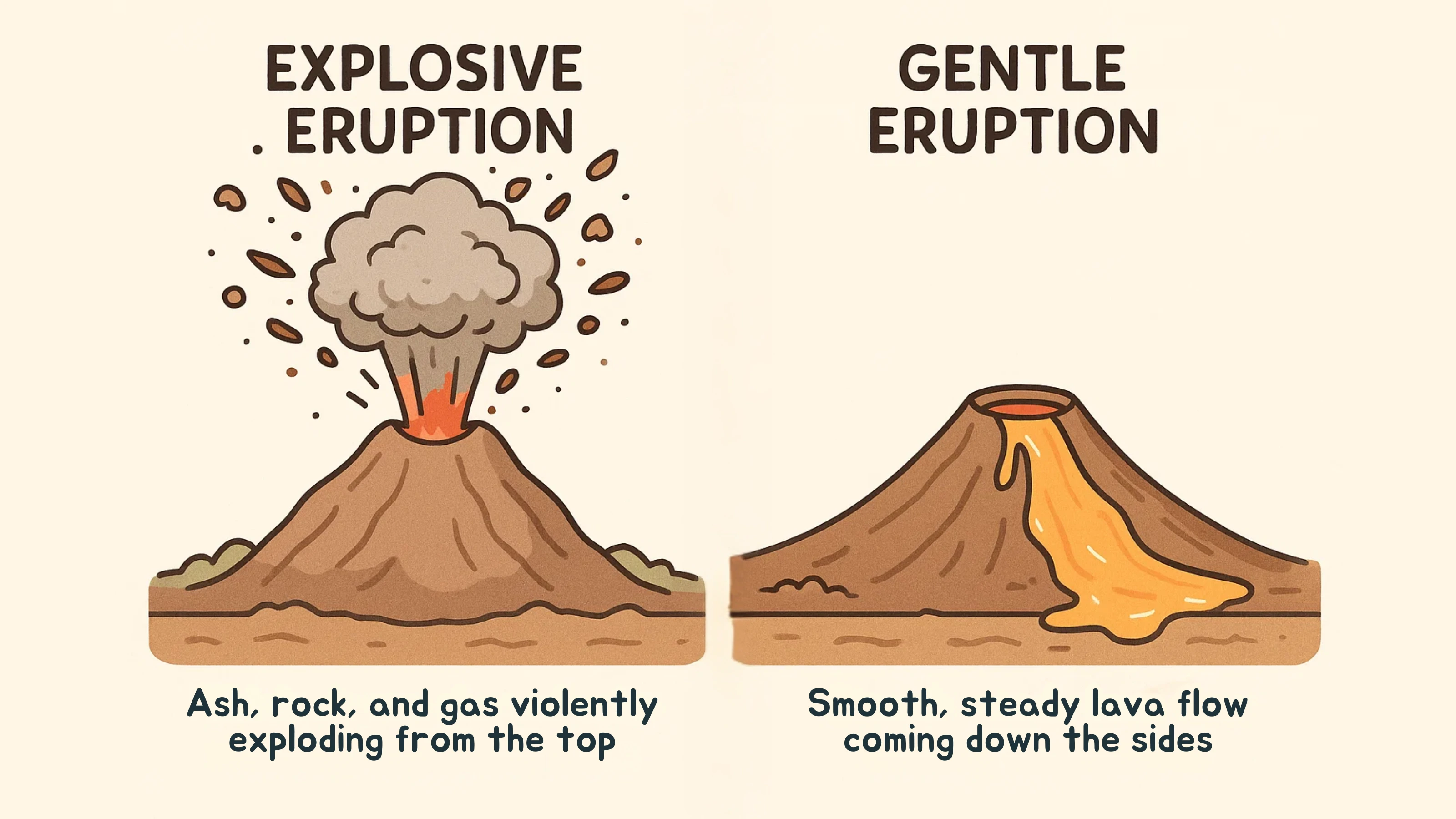 Explosive vs Gentle Volcano Diagram