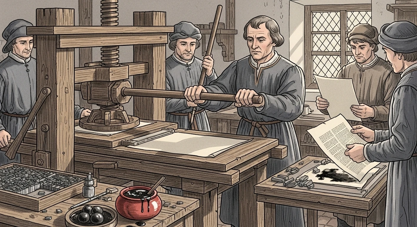 Johannes Gutenberg working at his wooden printing press with metal type pieces and fresh ink