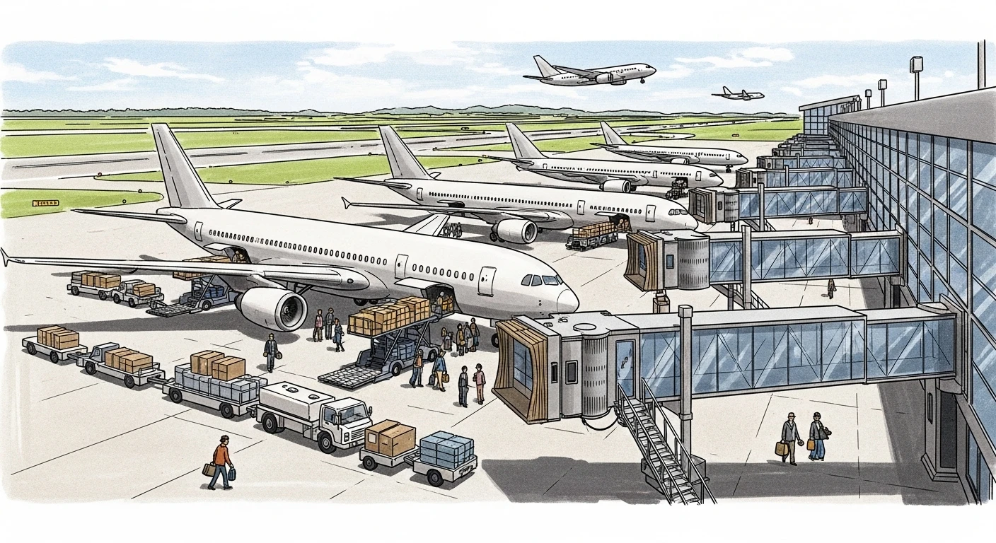 Modern airport with jets taking off
