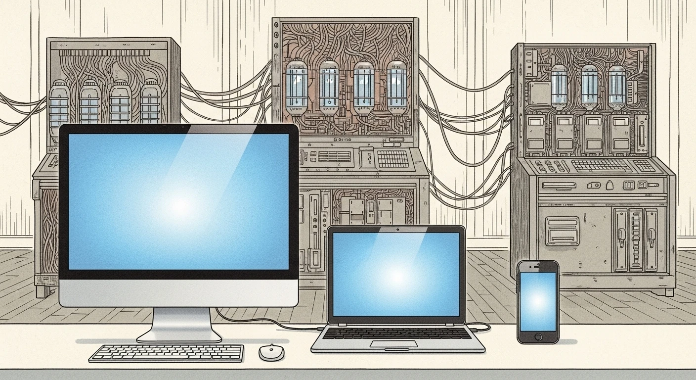 A modern computer setup showing the evolution from massive early computers to sleek modern devices