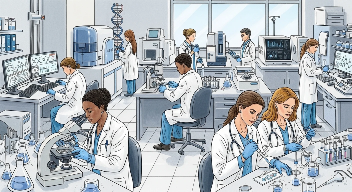 Modern doctors and scientists working in a bright medical laboratory with advanced equipment and medicines