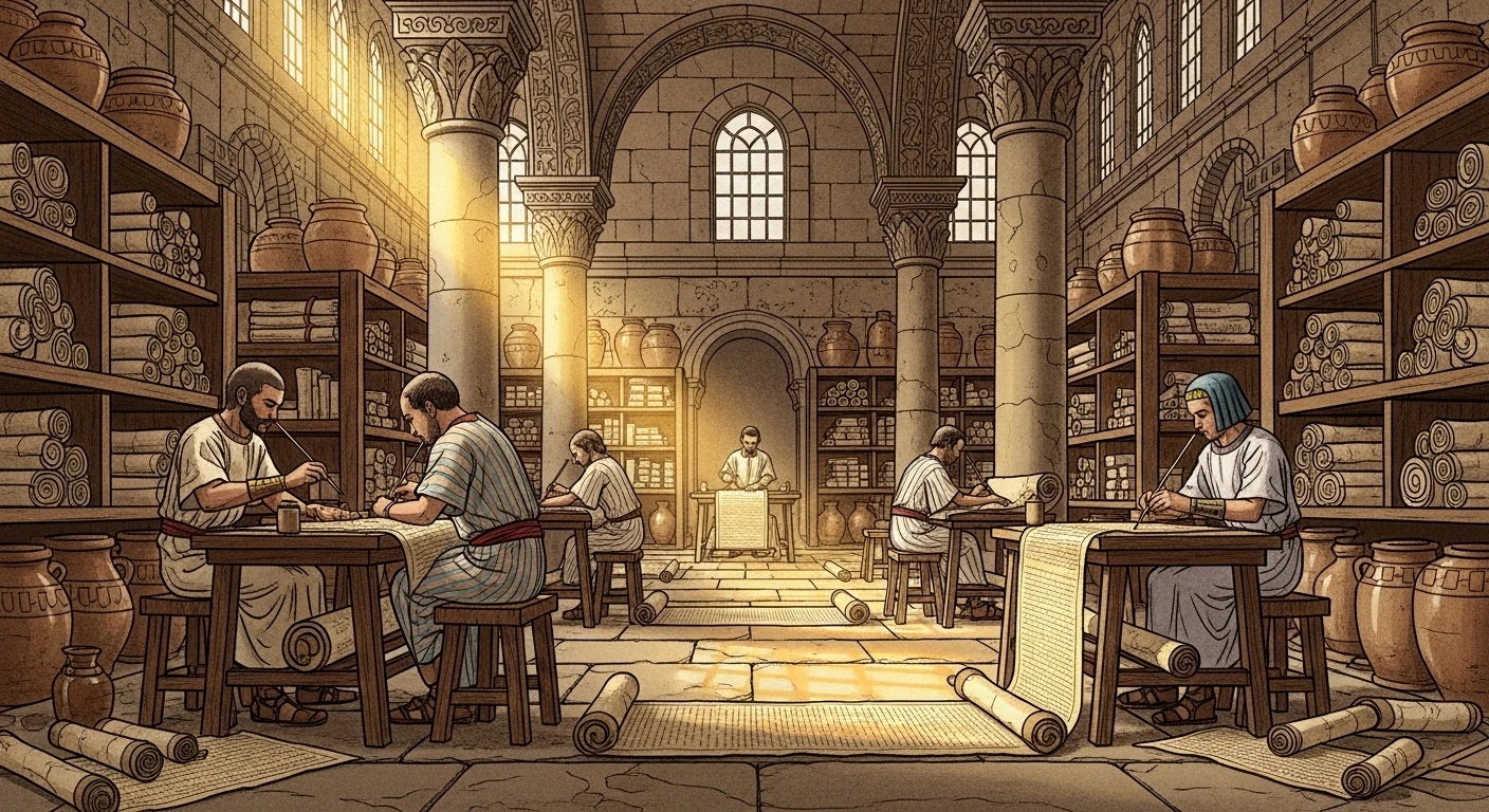 Ancient scribes writing on papyrus scrolls in a library filled with knowledge and scrolls