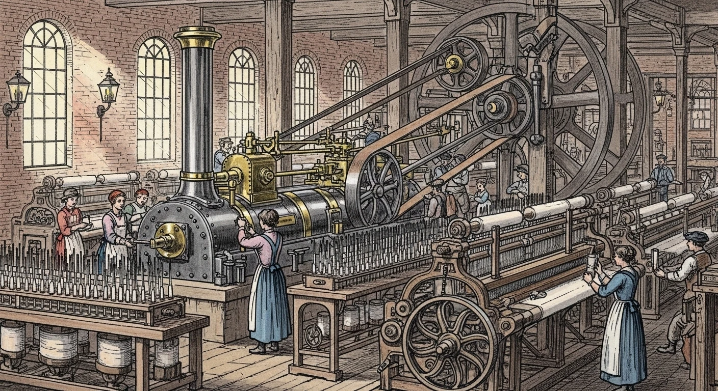 Early steam engine powering factory machines