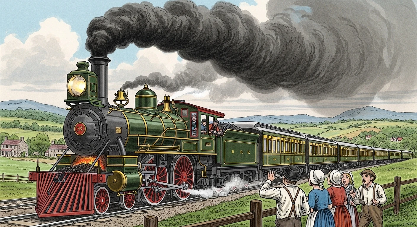 A powerful steam locomotive pulling passenger cars across the countryside with black smoke billowing from its chimney