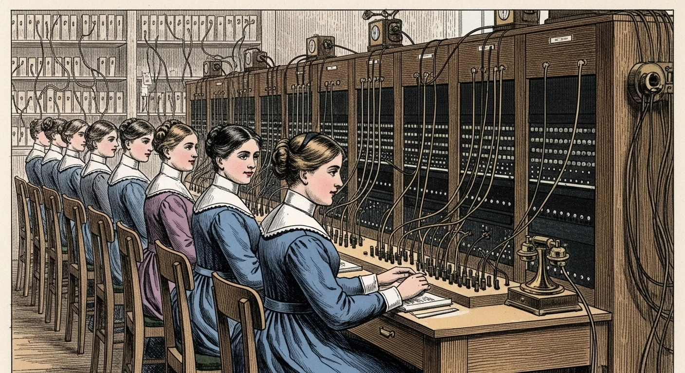 Early telephone operators connecting calls