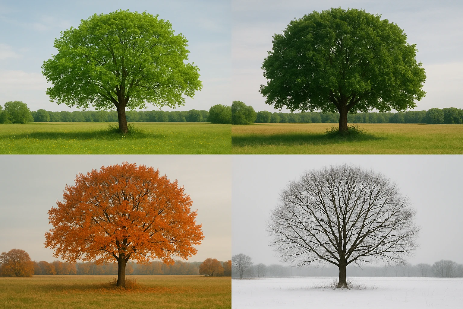 Four photos of the same tree showing seasonal changes throughout the year