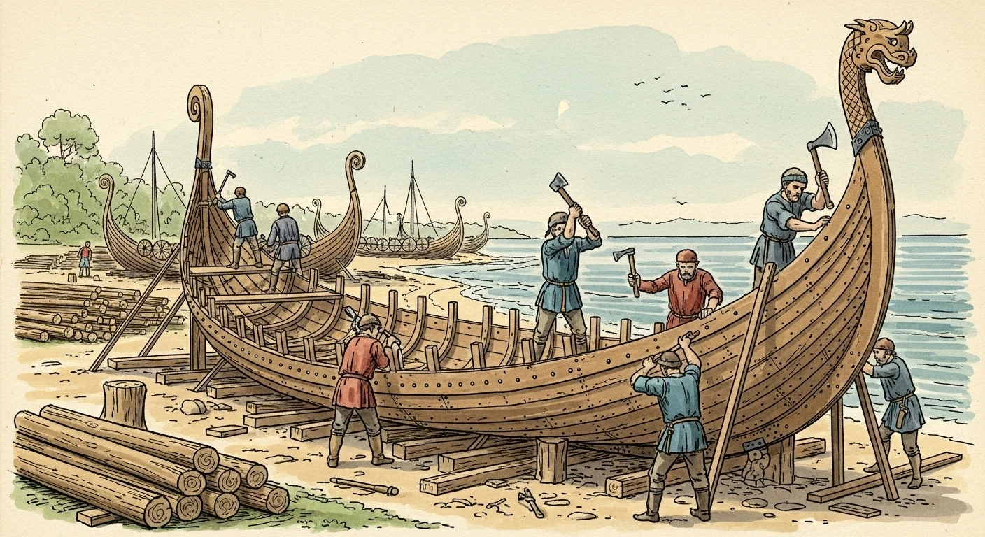 Viking shipbuilders crafting longship