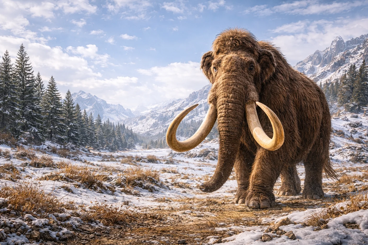 A woolly mammoth with long fur and curved tusks in a snowy landscape.