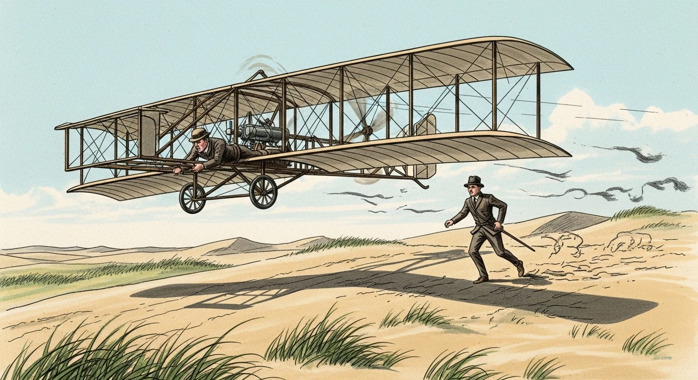 The Wright Brothers' first airplane taking off from the sand dunes at Kitty Hawk with Orville piloting